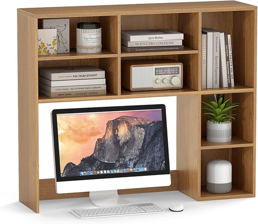 Libreria da Scrivania, Scaffale per Scrivania con 3 Ripiani Regolabili e Scomparto Aperto per Monitor 27", Organizzatore di Spazio per Casa Ufficio Dormitorio, 94x25x79 cm (Naturale)