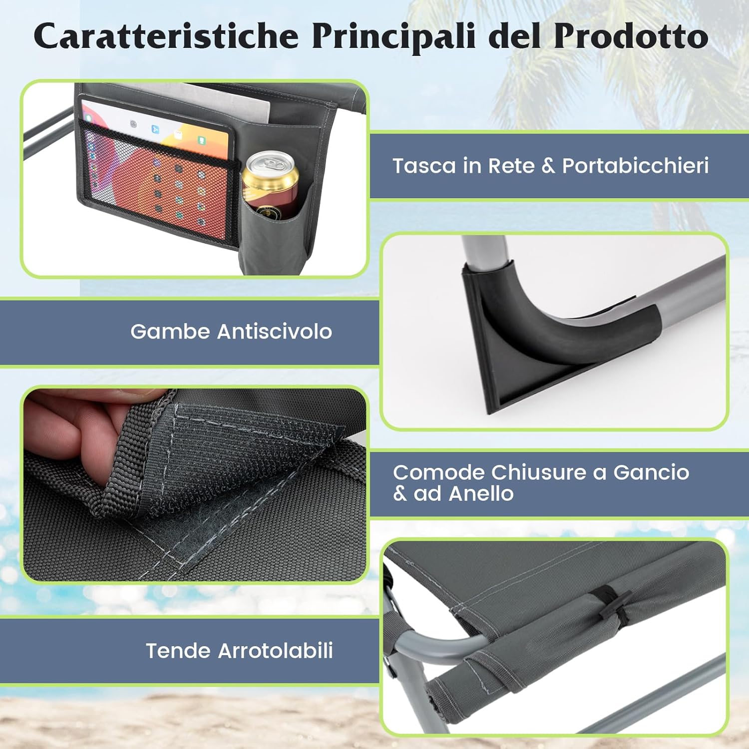 Lettino Prendisole Pieghevole, Lettino da Spiaggia con Schienale Regolabile, Poggiatesta, Cuscino e Tasca, Sedia a Sdraio per Giardino Piscina, Portata 180 kg (Grigio Scuro)