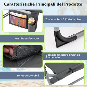Lettino Prendisole Pieghevole, Lettino da Spiaggia con Schienale Regolabile, Poggiatesta, Cuscino e Tasca, Sedia a Sdraio per Giardino Piscina, Portata 180 kg (Grigio Scuro)