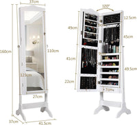 Armadietto Portagioie Specchiera per Gioielli con Chiave e Luci LED, Specchio Figura Intera da Terra, 160x41,5x37cm (Bianco)