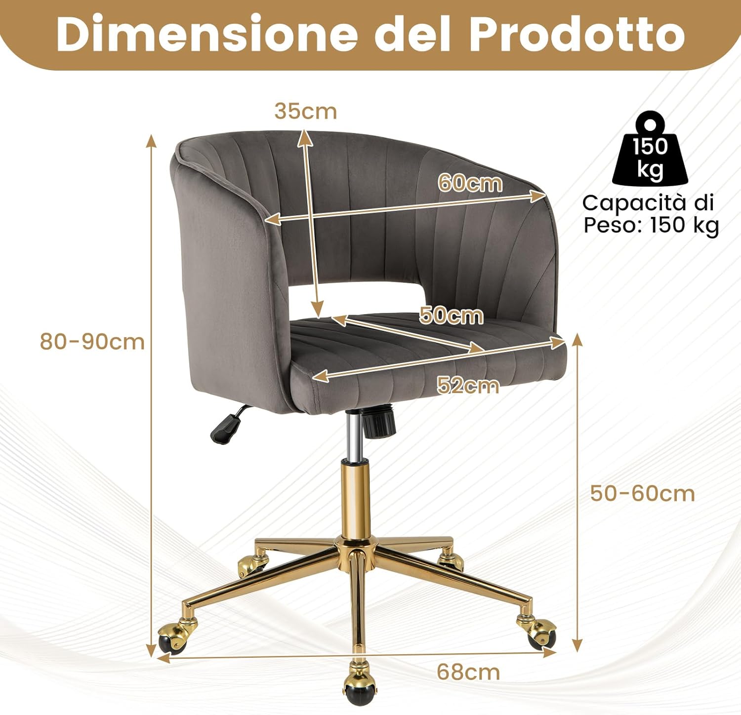 Sedia da Ufficio in Velluto, Poltrona Girevole con Ruote, Schienale e Seduta Imbottiti, Sedia Regolabile in Altezza con Funzione di Inclinazione per Soggiorno, Camera da Letto, Portata 150 kg