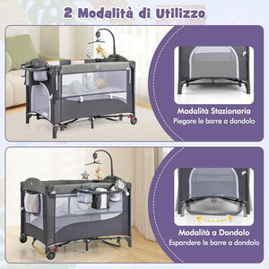 5-in-1 Lettino da Campeggio con Materasso, Lettino per Bambini con Fasciatoio, Lettino Pieghevole e Portabile, Altezza Regolabile in 5 Livelli, per Bambini 0-36 Mesi (Grigio+Grigio Scuro)
