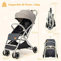 Passeggino Leggero per Bambini, Carrozzina con Schienale Regolabile, Passeggino Pieghevole con Ruote Universali, Sacco a fondo,per Bambini 0-36 Mesi, Portata 15 kg(Grigio)