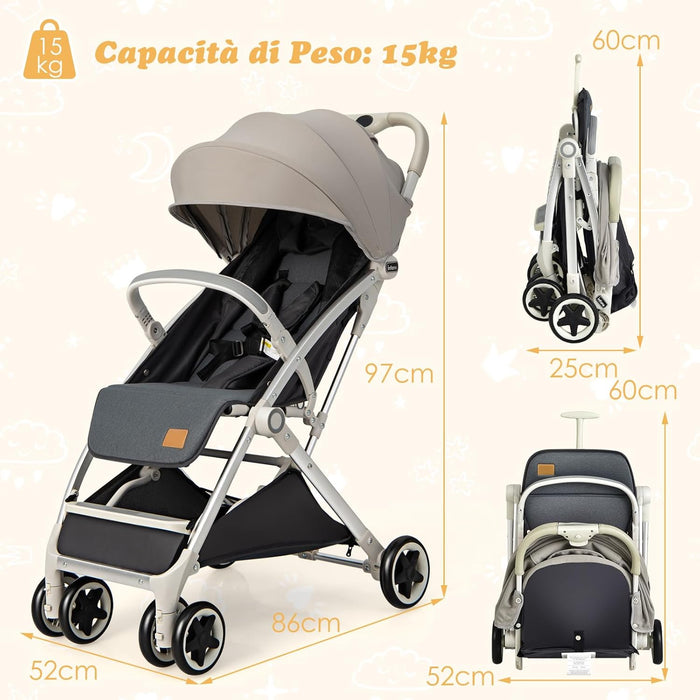 Passeggino Leggero per Bambini, Carrozzina con Schienale Regolabile, Passeggino Pieghevole con Ruote Universali, Sacco a fondo,per Bambini 0-36 Mesi, Portata 15 kg(Grigio)