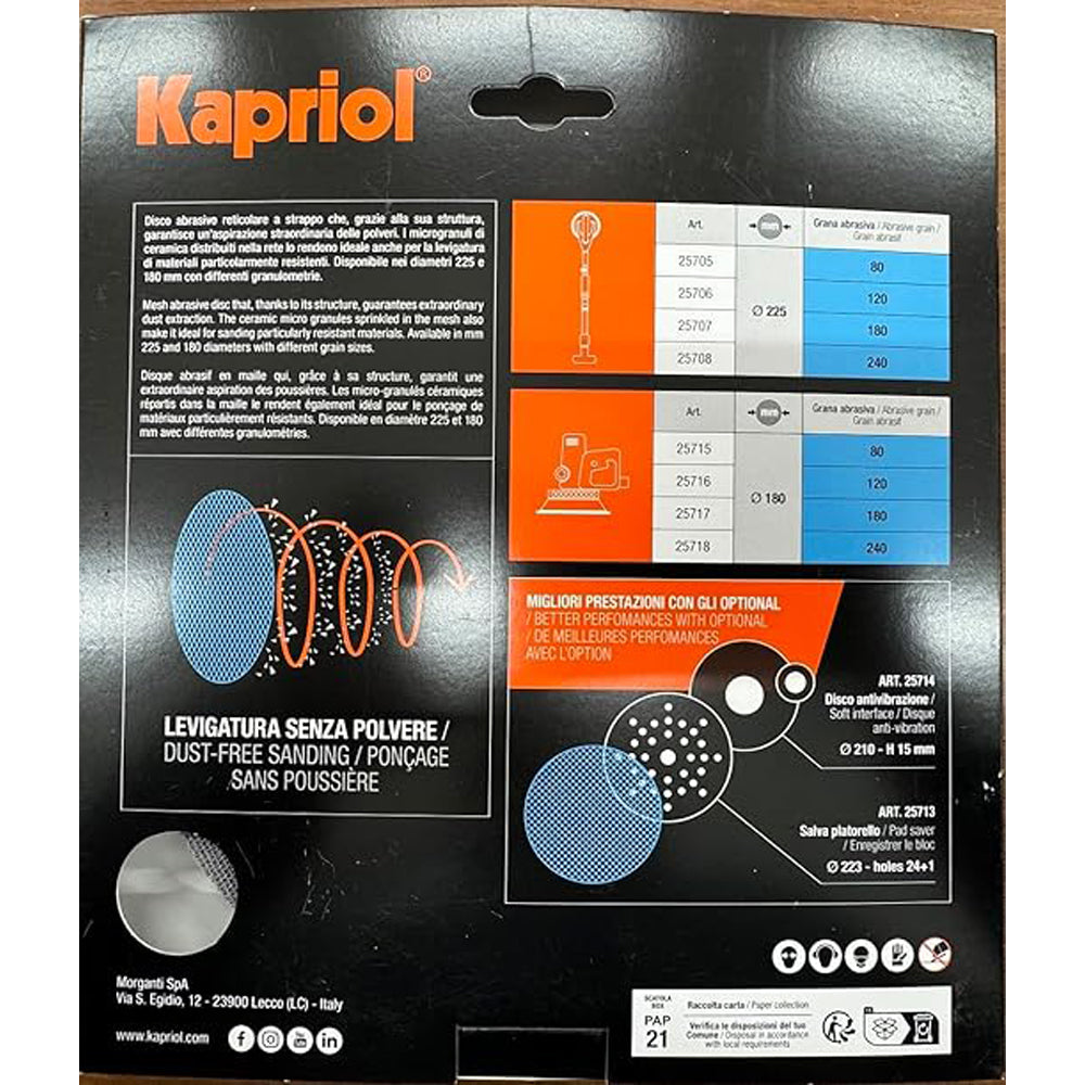 DISCO ABRASIVO RETICOLATO A STRAPPO LEVIGATRICI Ø225mm GRANA 80 10PZ KAPRIOL