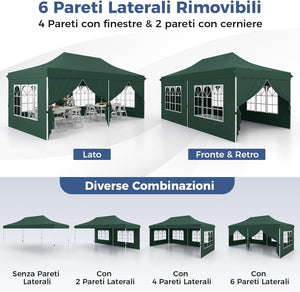 Gazebo da Giardino 3 x 6 m, Tendone per Feste con 6 Pannelli Laterali Rimovibili, con Borsa da Trasporto, Design Pop-up, per Matrimonio Eventi e Barbecue (Verde)