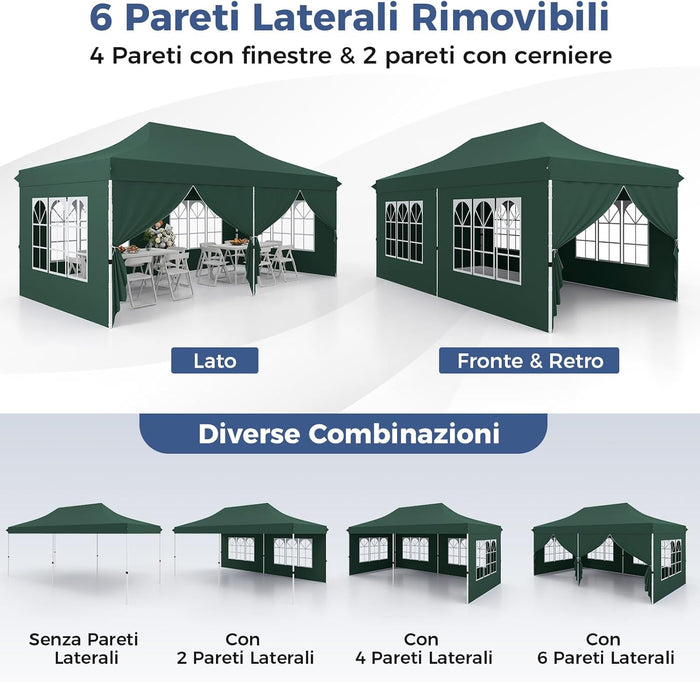 Gazebo da Giardino 3 x 6 m, Tendone per Feste con 6 Pannelli Laterali Rimovibili, con Borsa da Trasporto, Design Pop-up, per Matrimonio Eventi e Barbecue (Verde)