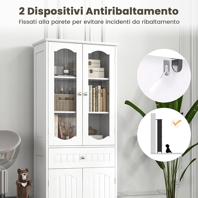 Armadietto Salvaspazio 60 x 30 x 160cm, Mobile Bagno con 2 Ripiani Regolabili, Cassetto e 2 Porte in Vetro Temprato, Armadio da Bagno per Ufficio, Soggiorno e Camera da Letto, Bianco