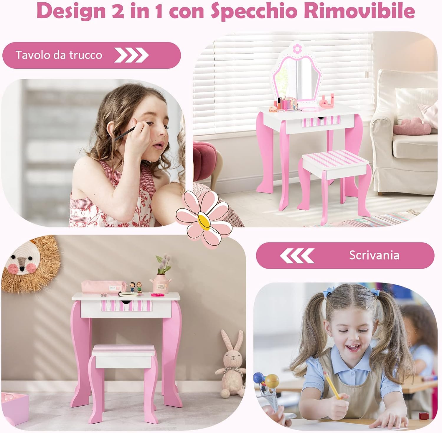 Toeletta Trucco per Bambina, Specchiera per Ragazzi in Legno, Postazione Trucco Robusto 2 in 1 con Cassetto, Sgabello e Specchio Staccabile, 49 x 34 x 86 cm, Bianco e Rosa