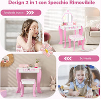 Toeletta Trucco per Bambina, Specchiera per Ragazzi in Legno, Postazione Trucco Robusto 2 in 1 con Cassetto, Sgabello e Specchio Staccabile, 49 x 34 x 86 cm, Bianco e Rosa