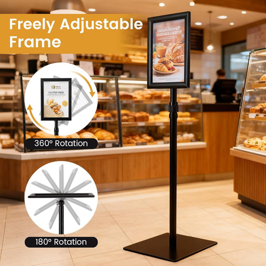 Supporto per poster A4, set di 2 espositori con rotazione a 360°, altezza regolabile 74-118 cm, base ponderata, pannello per menu, matrimonio, ristorante (nero, 2)