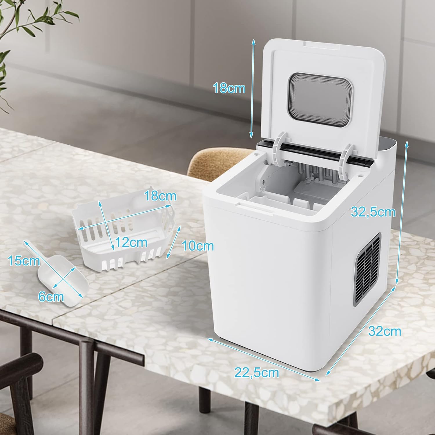 Macchina del Ghiaccio 15kg/24h, Fabbricatore di Ghiaccio con Funziona Autopulizia e Touch, Schermo a LED, Ideale per Casa Ristorante e Bar (Bianco)