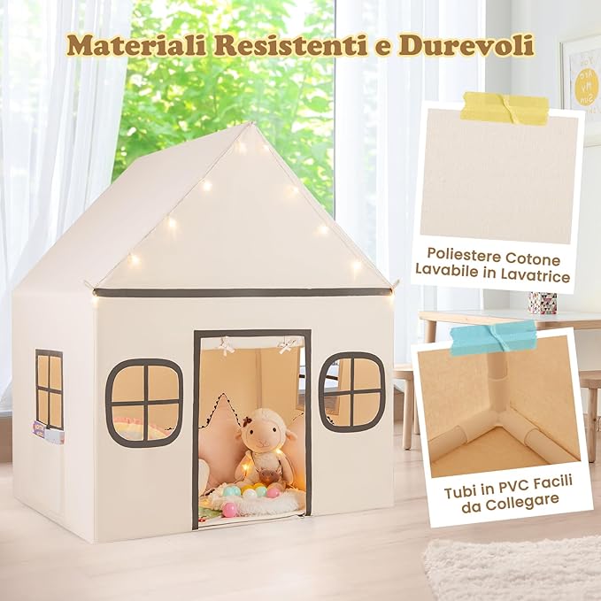 Tenda da Gioco per Bambini, con Tenda Porta e Finestre, Luci a Stella, Tappetino Antiscivolo, Casetta per Bambini e Bambine 3-10 Anni, 120 x 101 x 143 cm (Beige)