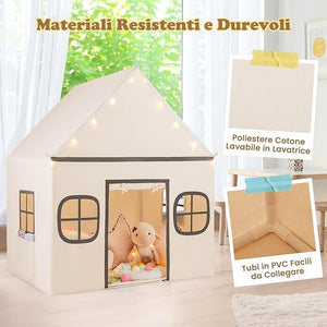 Tenda da Gioco per Bambini, con Tenda Porta e Finestre, Luci a Stella, Tappetino Antiscivolo, Casetta per Bambini e Bambine 3-10 Anni, 120 x 101 x 143 cm (Beige)