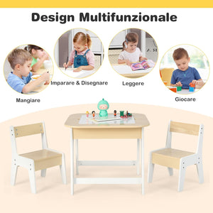 Set Tavolo e 2 Sedie per Bambini, con Lavagna Reversibile, Tavolo Multiattività con Vano Portaoggetti Nascosto e Sedie, per Bambini da 3-6 Anni, per Cameretta e Soggiorno (Naturale)