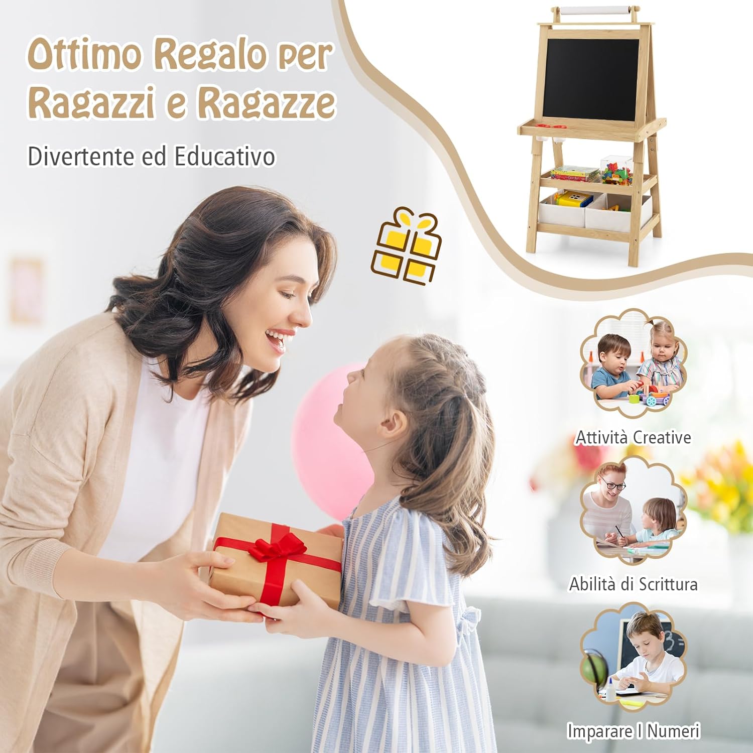 3 in 1 Cavalletto per Bambini con Doppia Faccia, Cavalletto per Disegno con 2 Vassoi e 2 Scatole, Lavagna Bambini in Legno (Naturale)