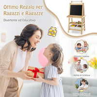3 in 1 Cavalletto per Bambini con Doppia Faccia, Cavalletto per Disegno con 2 Vassoi e 2 Scatole, Lavagna Bambini in Legno (Naturale)