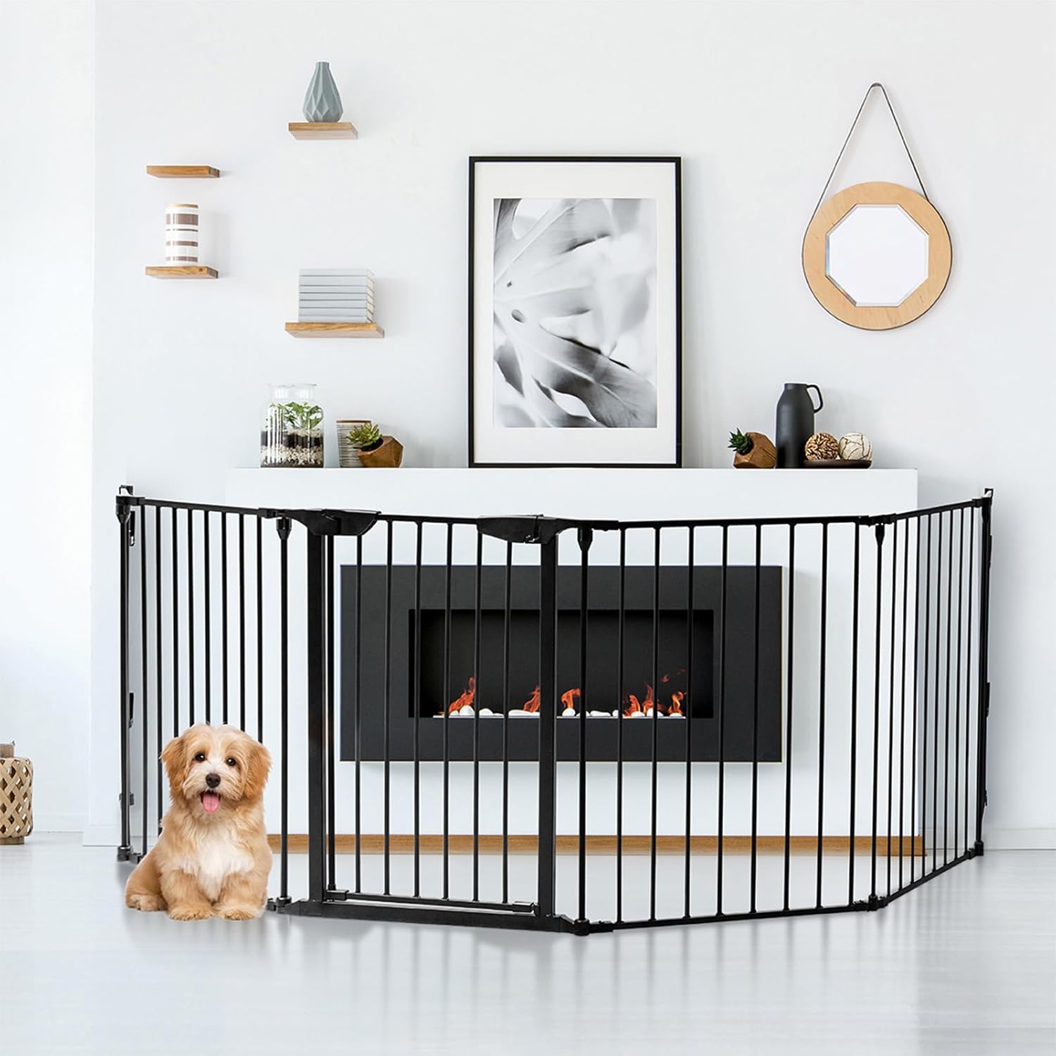 Cancelletto Pieghevole in Ferro per Camino e Scale, Cancello con 6 Pannelli per Bambini, Cani e Gatti, Barriera Protettiva da Interno ed Esterno, 2 Colori Disponibili, 380 x 74,5cm (Nero)