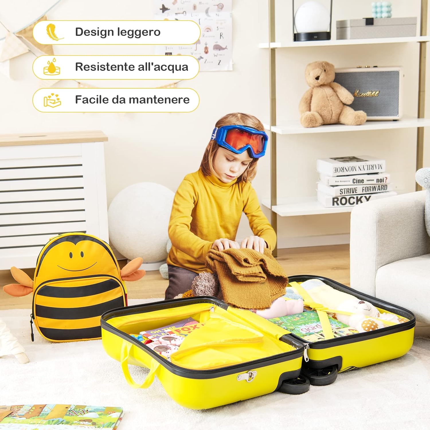 Valigia Cavalcabile per Bambini, 18" Valigia+ 12" Zaino,2 Pezzi, Trolley Bambini Bagaglio a Mano con Ruote Girevoli e Maniglia Retrattile, 2 Cingie Multiuso (Modello 1)