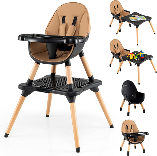 6-in-1 Seggiolone per Neonati, Seggiolone Prima Pappa, Tavolo e Sedia Convertibile per Bambini, Imbracatura di Sicurezza, Vassoio Rimovibile, per Bambini 6-36 Mesi (Caffè+Nero)