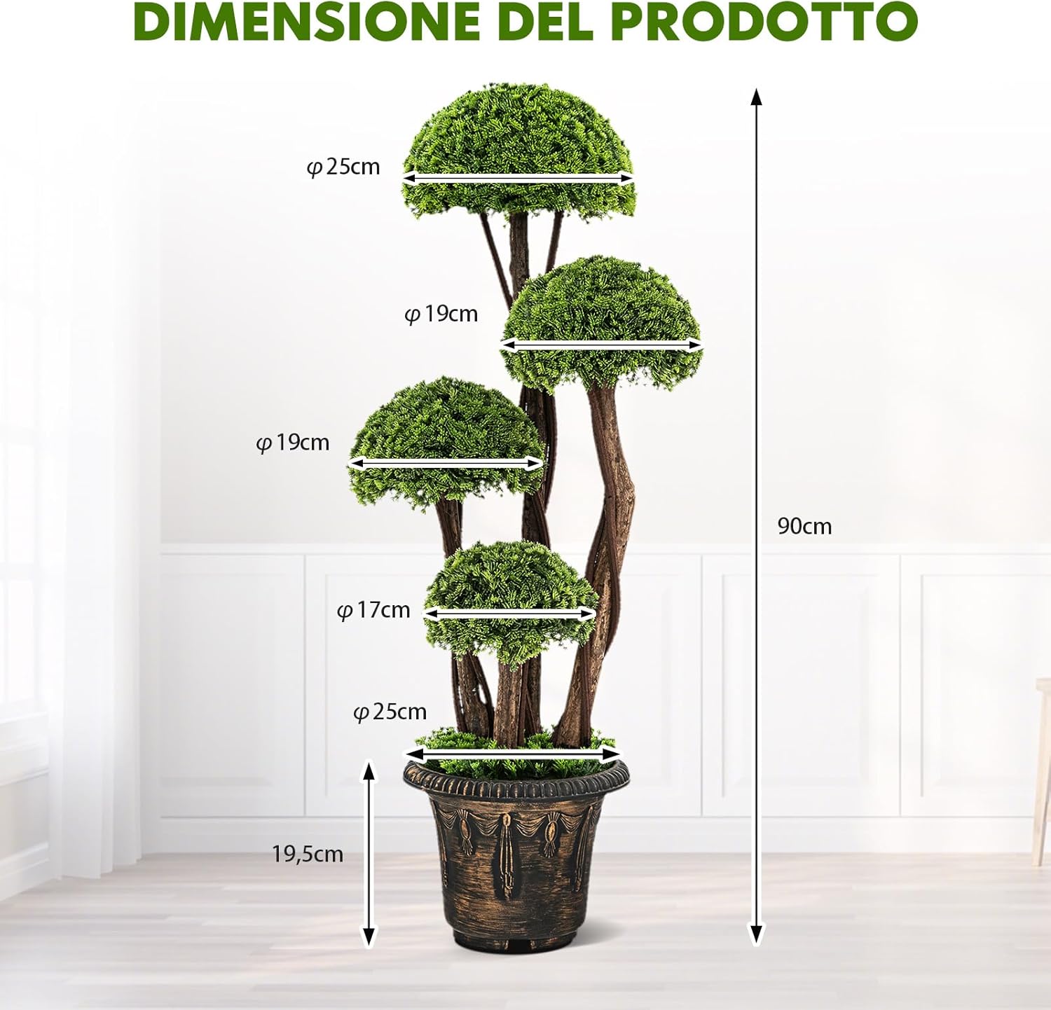 Albero Artificiale 90 CM, Cipresso Finto da Interno ed Esterno con Tronco in Rattan e Vaso Riempito di Cemento, Pianta Artificiale Realistica da Casa, Ingresso e Ufficio
