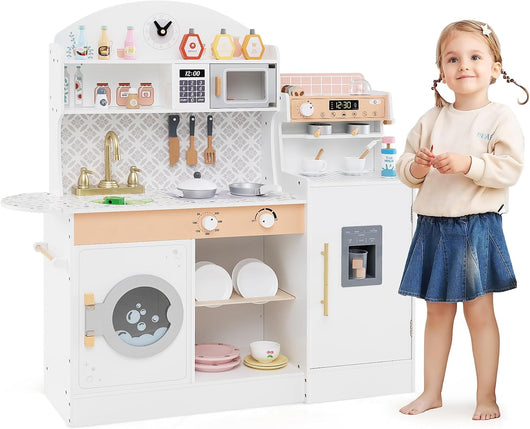 Cucina Giocattolo con Macchina da Caffè e del Ghiaccio, Cucina per Bambini in Legno con Lavatrice, Microonde, Fornelli e Lavandino, Set Cucina con 27 Accessori, 106 x 30 x 105 cm (Bianco)