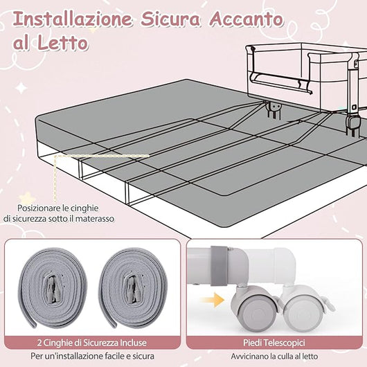 Culla da Affiancare per Neonati, Culla per Bambini con Altezza Regolabile a 6 Livelli, con Mensola Portaoggetti, Materasso e Borsa da Trasporto, per Bambini 0-6 Mesi (Rosa)