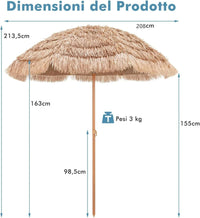Ombrellone di Paglia in PP 208 cm, Ombrellone da Spiaggia Pieghevole, Parasole Hawaiano con Inclinabile in Metallo, Resistente all'Acqua e al Sole, per Spiaggia Giardino Balcone