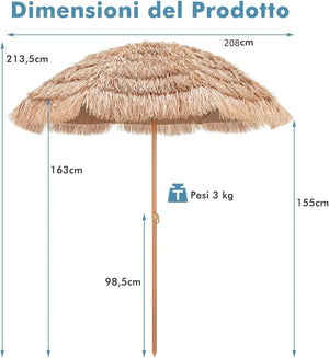 Ombrellone di Paglia in PP 208 cm, Ombrellone da Spiaggia Pieghevole, Parasole Hawaiano con Inclinabile in Metallo, Resistente all'Acqua e al Sole, per Spiaggia Giardino Balcone
