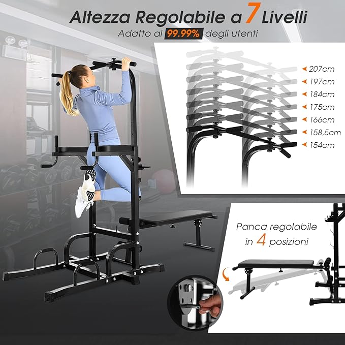 Power Tower Multifunzionale e Regolabile, Sbarra per Trazioni con Panca Pieghevole Regolabile in Altezza, Attrezzatura Fitness per Allenamento Completo del Corpo, Portata 250 kg