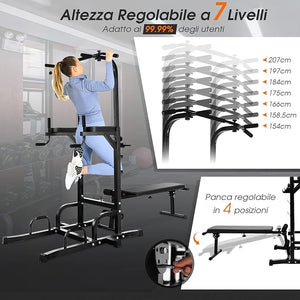 Power Tower Multifunzionale e Regolabile, Sbarra per Trazioni con Panca Pieghevole Regolabile in Altezza, Attrezzatura Fitness per Allenamento Completo del Corpo, Portata 250 kg