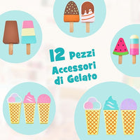 Carretto per Gelato con Accessori per Bambini, Giocattolo Educativo di Carretto per Gelato con Scaffale per l'Esposizione, Compartimento di Congelamento Simulato, con 2 Ruote, 3 Anni+