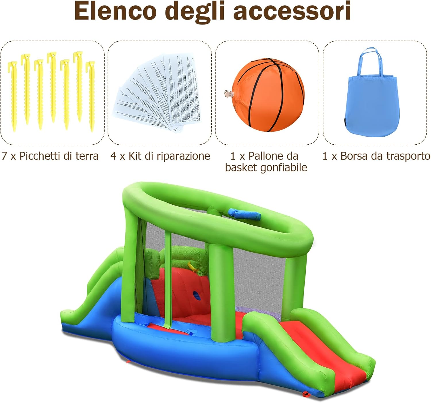 Castello Gonfiabile per Bambini, Casa Gonfiabile con Trampolino, 2 Scivoli, Parete da Arrampicata, Borsa di Trasporto e Kit di Riparazione, per Esterno e Interno (Senza soffiatore)