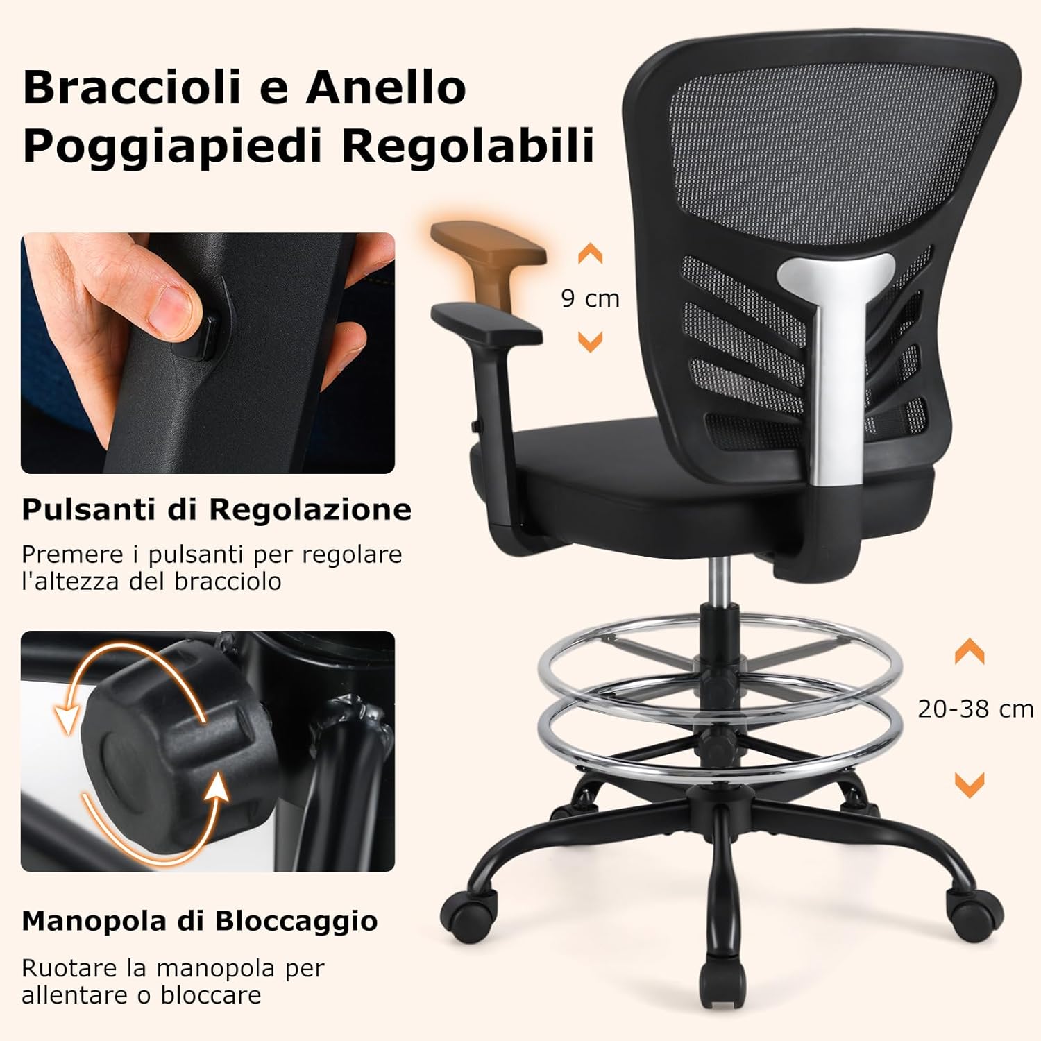 Sedia da Disegno Regolabile in Altezza, Girevole con Braccioli e Poggiapiedi Regolabili, Supporto Lombare, Sedia per Scrivania Alta per Ufficio e Studio, Portata 150 kg