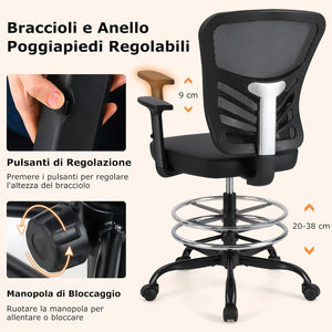 Sedia da Disegno Regolabile in Altezza, Girevole con Braccioli e Poggiapiedi Regolabili, Supporto Lombare, Sedia per Scrivania Alta per Ufficio e Studio, Portata 150 kg