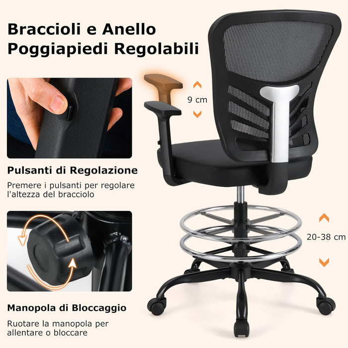 Sedia da Disegno Regolabile in Altezza, Girevole con Braccioli e Poggiapiedi Regolabili, Supporto Lombare, Sedia per Scrivania Alta per Ufficio e Studio, Portata 150 kg