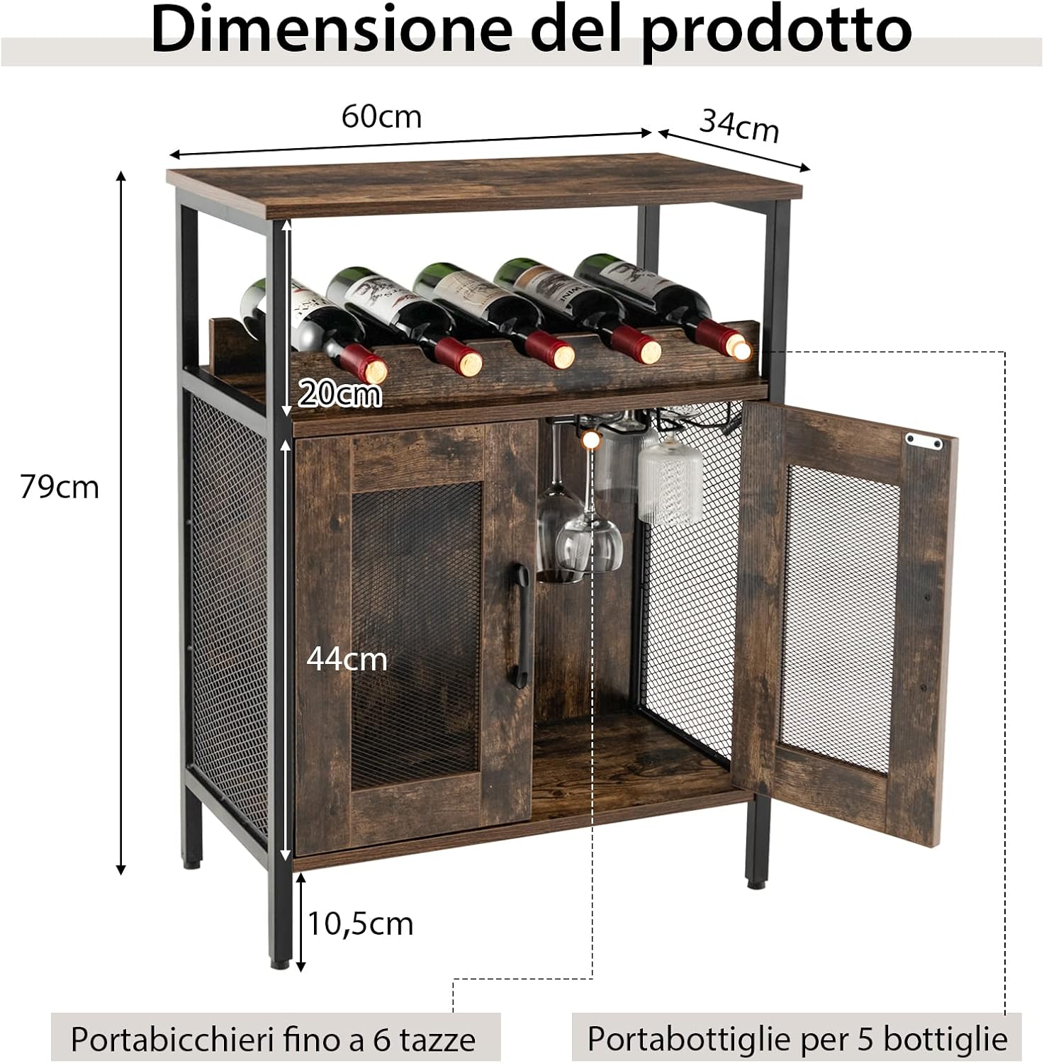 Armadio per Vino con Portaoggetti, Portabottiglie di Vino con Portabottiglie e Porta Bicchieri Rimovibili, Armadietto con Portabottiglie, 60 x 34 x 79 cm