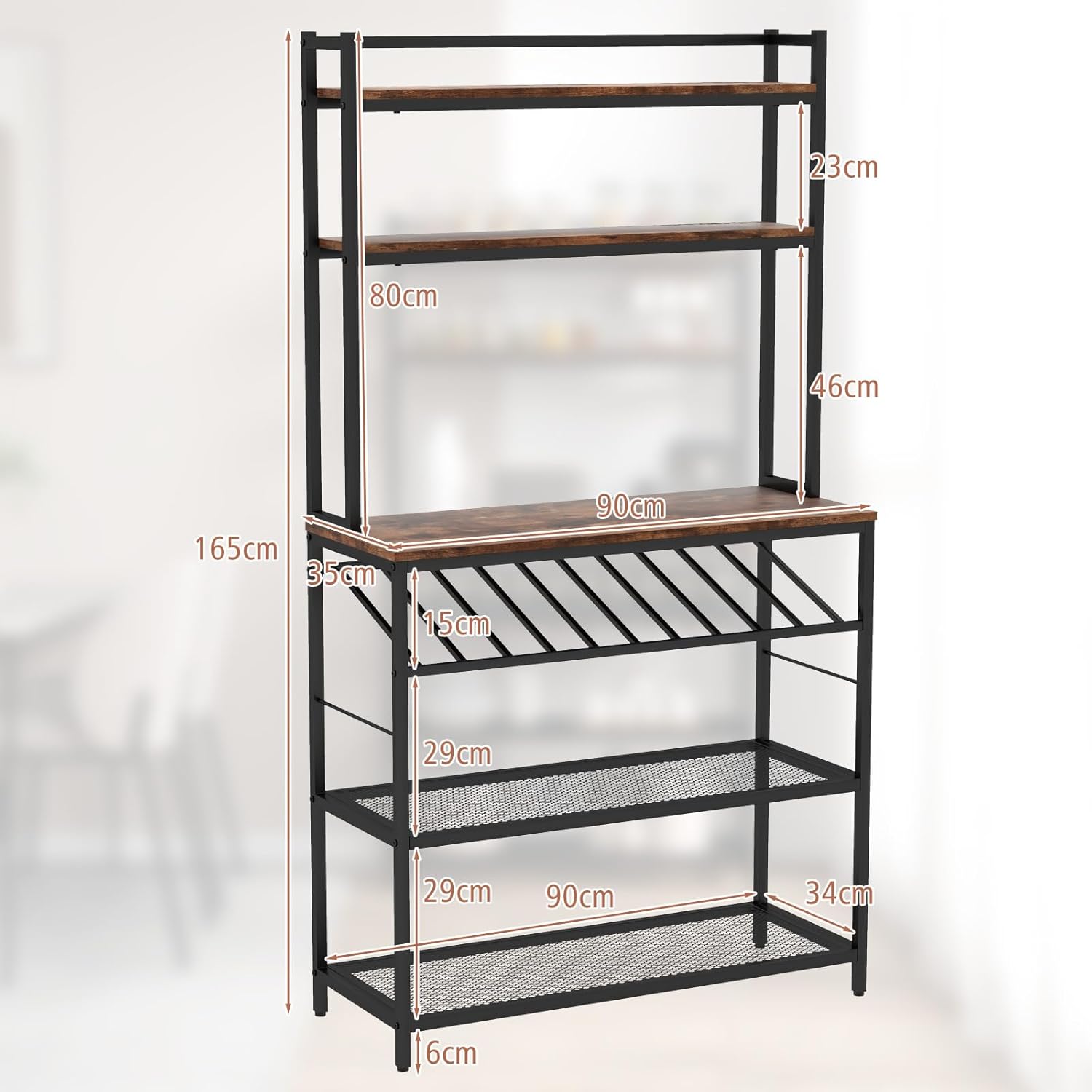Scaffale da Cucina a 6 Ripiani con Portabottiglie, Scaffale Porta Microonde con Portabottiglie Inclinato e 2 Ripiani in Rete, per Cucina, Sala da Pranzo, 90x35x165 cm