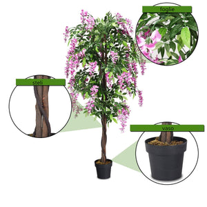 Albero artificiale con fiori glicine 180cm Pianta artificiale decorativa in vaso da arredo interno Rosa-Piante artificiali