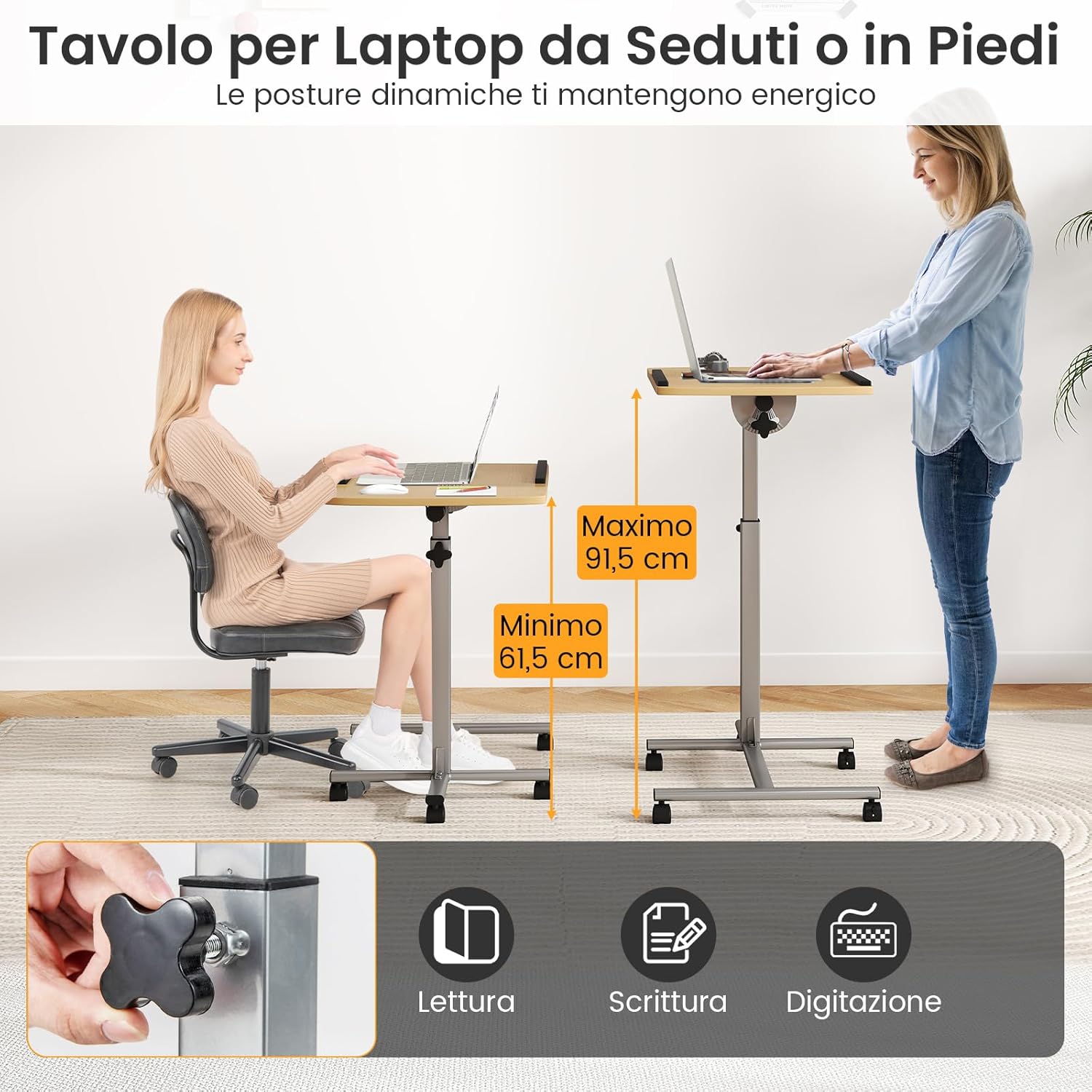 Tavolino Regolabile in Altezza, Tavolino da Computer per Letto e Divano, Tavolo Servitore Porta PC con Ruote