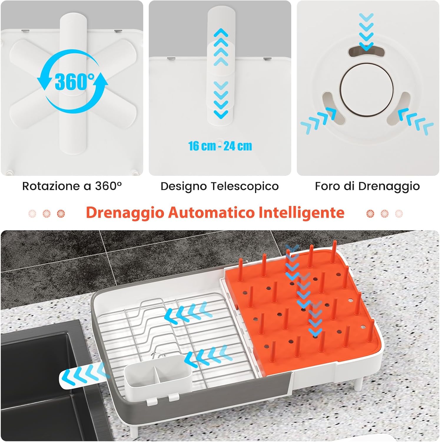 Scolapiatti Estensibile, Gocciolatoio Scolapiatti Regolabile con Portaposate Staccabile Griglia in Acciaio Inox e Barrette Verticali, con Drenaggio Automatico