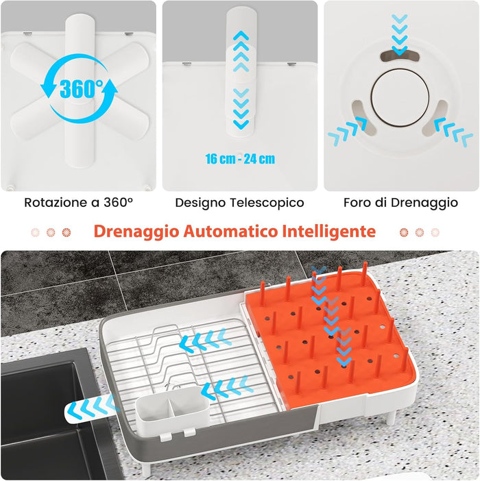 Scolapiatti Estensibile, Gocciolatoio Scolapiatti Regolabile con Portaposate Staccabile Griglia in Acciaio Inox e Barrette Verticali, con Drenaggio Automatico