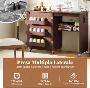 Mobile per Macchina da Cucire Pieghevole, Tavolo da Cucito con Stazione di Ricarica, Ruote Bloccabili, Ripiano e Contenitori (Marrone Scuro, 116 x 41 x 78 cm)