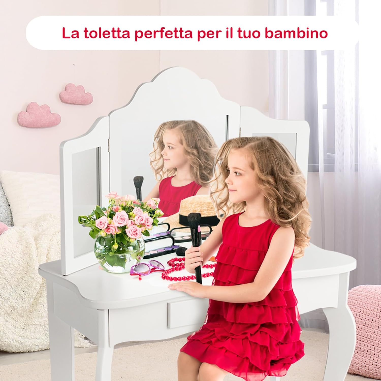 2-in-1 Toeletta Trucco Bambina, Tavolo da Trucco per Bambini con 3 Specchio e Sgabello, Postazione Trucco con 1 Cassetto, 3-7 Anni (Bianco)