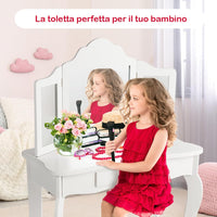 2-in-1 Toeletta Trucco Bambina, Tavolo da Trucco per Bambini con 3 Specchio e Sgabello, Postazione Trucco con 1 Cassetto, 3-7 Anni (Bianco)