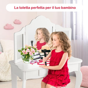 2-in-1 Toeletta Trucco Bambina, Tavolo da Trucco per Bambini con 3 Specchio e Sgabello, Postazione Trucco con 1 Cassetto, 3-7 Anni (Bianco)