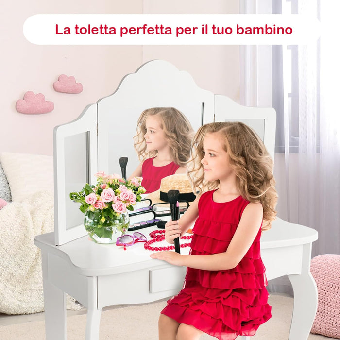 2-in-1 Toeletta Trucco Bambina, Tavolo da Trucco per Bambini con 3 Specchio e Sgabello, Postazione Trucco con 1 Cassetto, 3-7 Anni (Bianco)