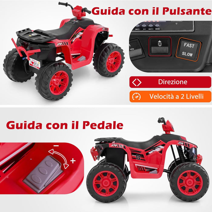 24V Quad Elettrico per Bambini, Macchina Elettrica Cavalcabile con Musica Radio Luci a LED, Avvio Lento, Velocità Fino a 5km/h, per Bambini 3-8 Anni (Rosso)