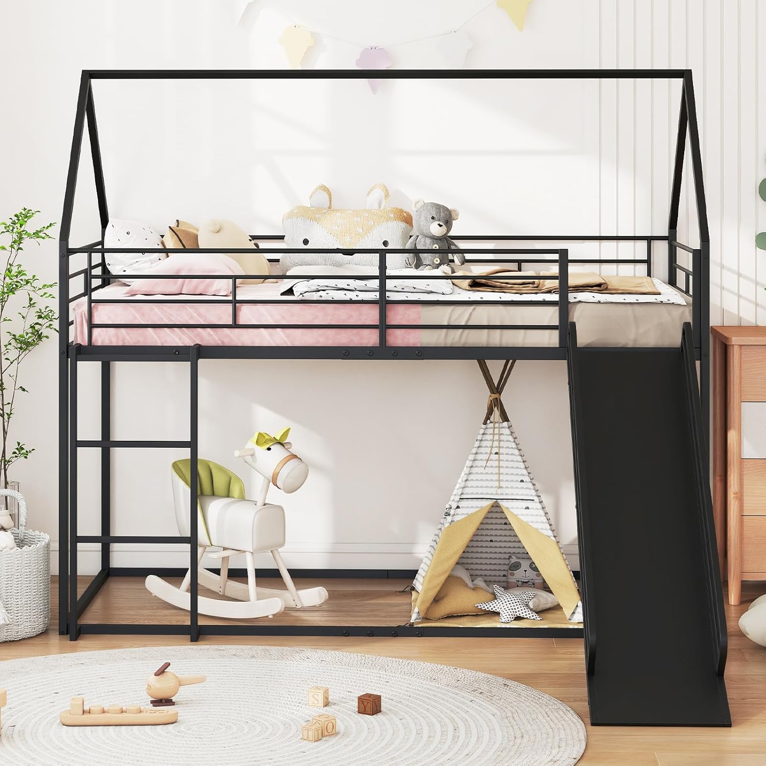 Letto a Castello per Bambini 90x200 cm, Letto Montessori con Scivolo Scala, Struttura in Metallo e Sponda di Sicurezza, Forma di Casa, senza Bisogno di Rete a Molle, Portata 110 kg (Nero)