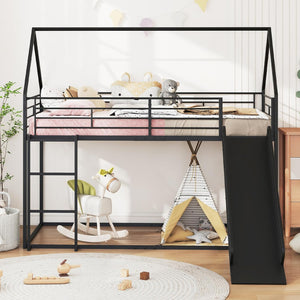 Letto a Castello per Bambini 90x200 cm, Letto Montessori con Scivolo Scala, Struttura in Metallo e Sponda di Sicurezza, Forma di Casa, senza Bisogno di Rete a Molle, Portata 110 kg (Nero)